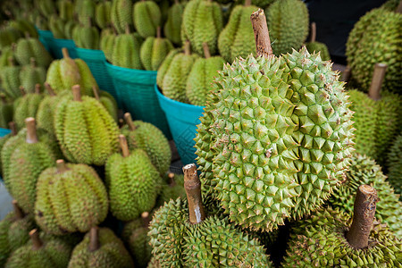 达里安在篮子上白色情调热带榴莲异国绿色市场食物水果营养图片