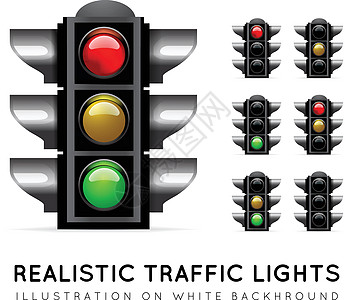 白色背景上的现实交通灯 以各种颜色变异形式出现 淡光矢量插图图片