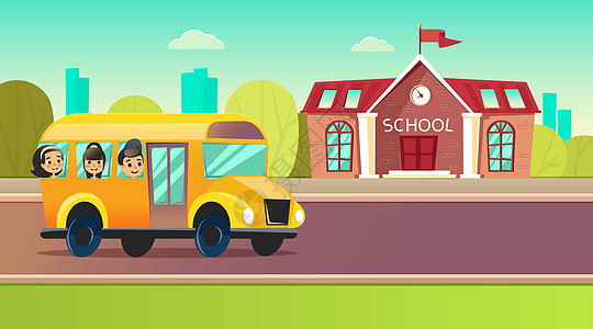 学生在校车上上学小学生院子建筑青少年班级女孩街道团体公共汽车教育图片