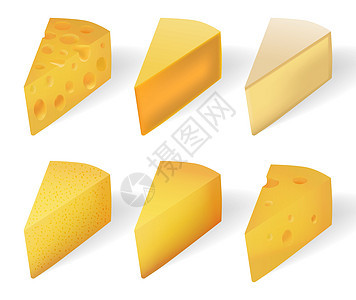 在白色隔绝的美味黄色乳酪 现实的奶酪类型设置隔离在白色 矢量图图片