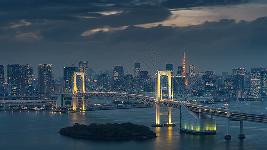 东京天线 有彩虹桥和东京塔台 日本东京商业街道彩虹日落游客市中心天际风景建筑物景观图片