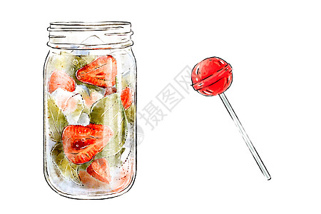 薄荷手绘新鲜水果和棒棒糖美味冰沙的彩色手绘插图 新鲜的夏季鸡尾酒草莓和薄荷 装有冰块的玻璃罐 健康饮品 维生素天然饮料背景