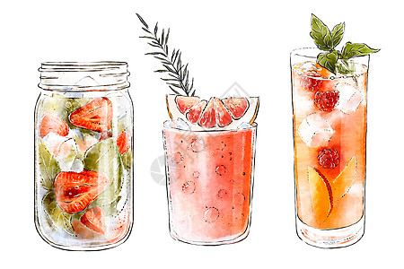 一套五颜六色的手绘插图 用漂亮的玻璃杯装着新鲜水果和冰的美味 fsummer 鸡尾酒 健康饮品 维生素天然饮料图片