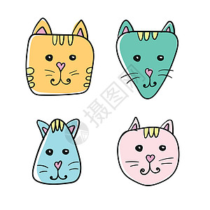 简单 手画卡通猫脸图标 白色有四种颜色变化图片