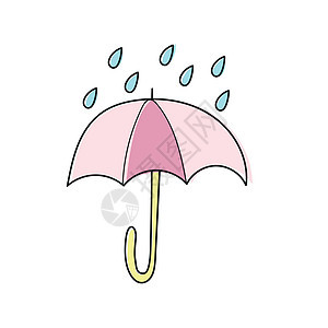 手画挂雨伞和雨滴的海报 贴在白色背景上气候艺术品草图暴雨快乐插图夹子手绘阳伞气象图片