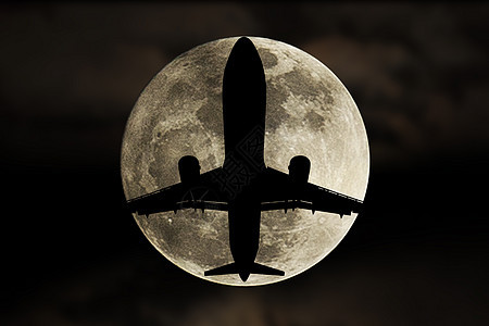 飞机和超月 满月的休眠航空公司喷射翅膀航空阴影运输旅游天空黑色空气图片