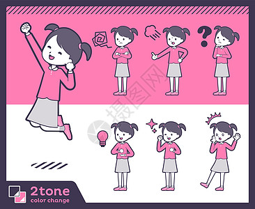 2tone type 粉红衣少女套装 0小学生画线双尾说明幼儿园微笑胜利女性插图横幅图片