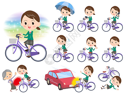 女学生骑着城市自行车碰撞手机制服道德插图保险微笑阳伞学生手术图片
