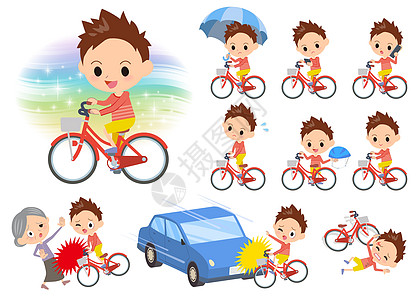 掌上手机红衣短发男孩骑城市自行车插画