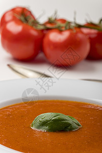 碗里新鲜番茄汤白色烹饪草本植物乡村胡椒红色食物午餐盘子奶油状图片