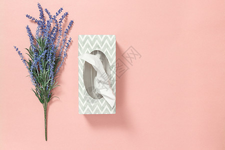 粉红色背景的纸箱和蓝紫衣裙图片