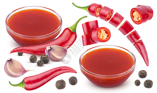在白色背景上隔离的辣椒酱成分Name红色胡椒包装蔬菜玻璃香料收藏烹饪燃烧橙子图片