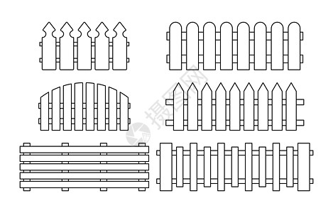 木栅栏套装 孤立在惠特上的简单轮廓设计艺术木材木头木板国家标识树篱卡通片插图黑色图片