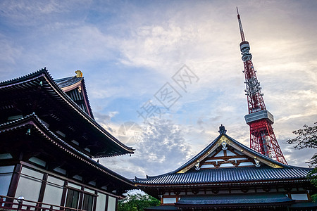 日本佐joji寺庙和东京塔公园日落地标历史性蓝色天空旅行宗教天际景观图片