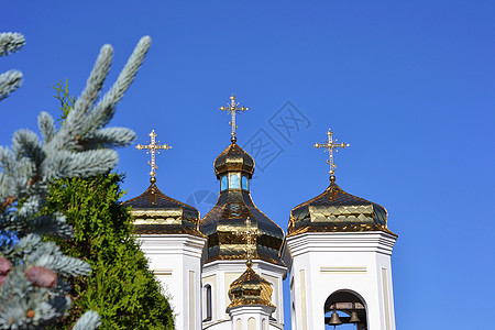 金色圆点 斯维亚托戈尼古拉亚丘多特沃尔察建筑学教会金子城市穹顶寺庙树木图片