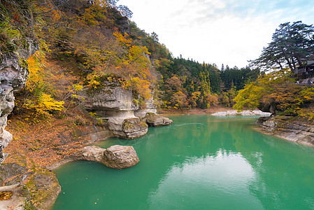 福岛日本不为赫苏里岛日本峡谷公园松树车削悬崖爬坡水库树木森林地块图片