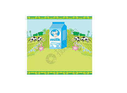 带有一盒牛奶和奶牛的抽象海报在 mea 吃草图片