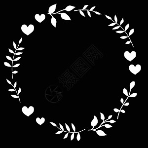 黑色背景上的涂鸦心和叶圆框 叶子的花环 用于设计明信片印刷的现成模板收藏圆圈边界婚礼漩涡乡村邀请函框架标识曲线图片