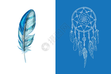 一套设计和装饰元素 详细的彩色羽毛特写隔离在白色背景 在蓝色背景上手绘华丽的民族捕梦网 矢量图图片