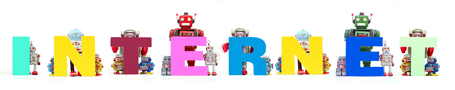 复古锡机器人玩具按住INTERNET的单词图片