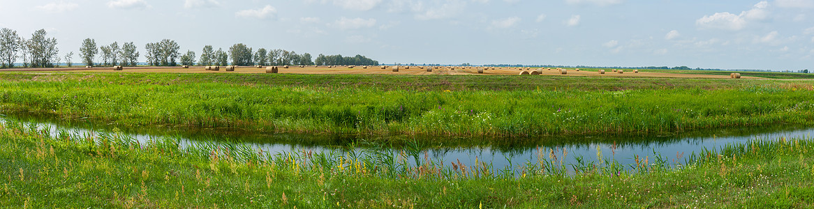 一个小河道 在绿草和金田的背景下 长着干草堆在遥远的远处图片