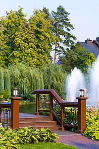 环绕湖泊的一座现代木桥 上面有喷泉 周围四周是高高的绿树和小屋以及背景中的无云蓝天图片