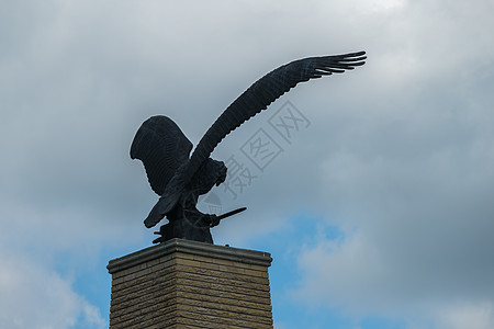 一只鹰雕像的雕像 有张开的翅膀 对着阴云多云的天空图片