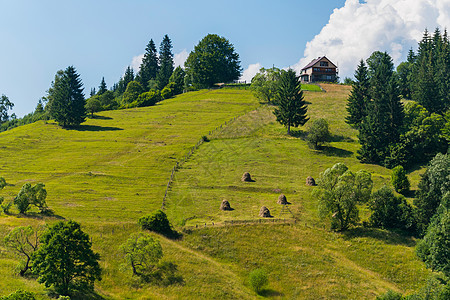 在一座绿色山顶上的小屋 山谷下有长长的栅栏图片