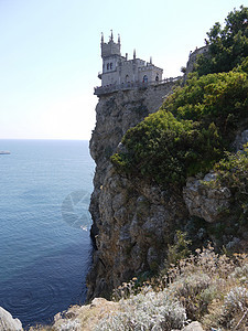 一片深蓝色 平静的海 有岩石的海岸 其中一块岩石上有一座塔图片