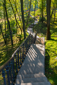 绿色公园里有楼梯和树间护栏的长巷图片
