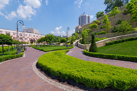 城市附近的一个公园中的箱木灌木的美丽景观设计图片