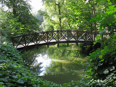 在树下的公园里 在河流上方有铁栏杆的木桥 Uman 乌克兰图片