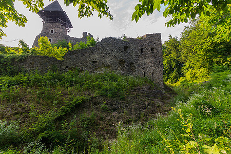 一座古老城堡的废墙 在绿树丛中图片
