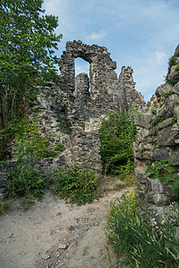 古老城堡的废墟中 草丛和灌木堆满了石块 从时空和天气中从墙上掉出来图片