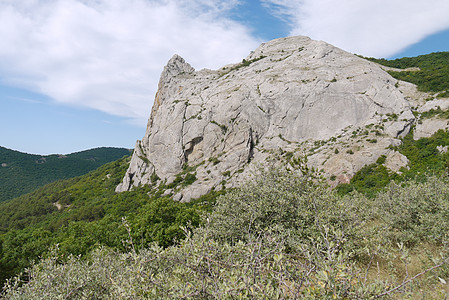 在温柔的绿色森林和无尽的蓝天空背景下 岩石山峰的顶峰图片