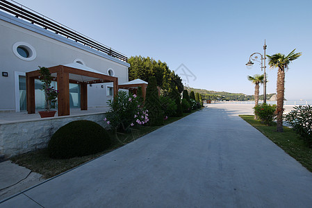 在两边配有装饰植物 棕榈树和餐馆 以对抗蓝色大海图片