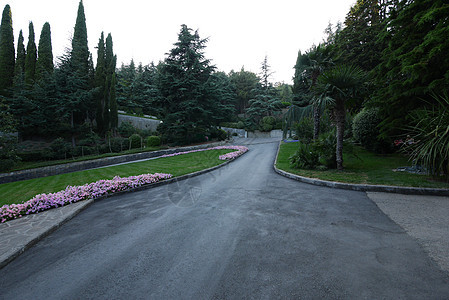 绿色公园 配有沥青道路草坪和比喻种植的花朵图片