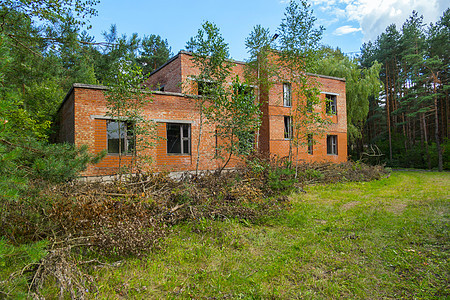 一座废弃的砖头建筑 在一片被密密林包围的森林角中央微光天气林地阴影墙纸土地蓝色季节木头场地图片