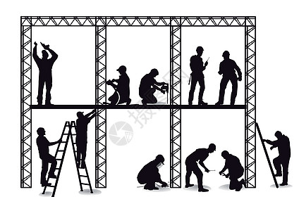建筑工地的工匠公司修理工作工人合作团队脚手架技术施工插图背景图片