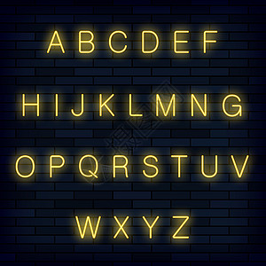 蓝砖背景上的黄色霓虹灯字母表 复古字母 逼真的类型集 图形字体设计图片