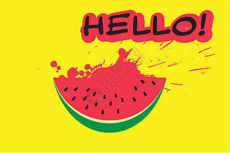 西瓜片和题词你好在黄色背景上的时尚扁平风格 您的网站的夏季符号 矢量图网络小吃热带饮食异国插图市场甜点水果西瓜图片
