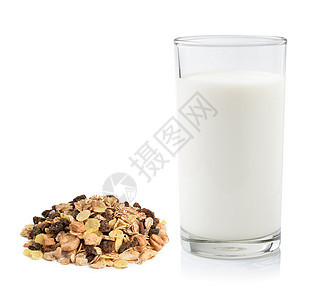 玻璃中隔绝在白面包上方的混凝土和鲜奶燕麦产品早餐食物玉米饮食液体牛奶粮食酸奶图片
