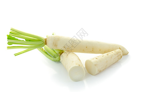 Daikon 白背景孤立的萝卜白色叶子蔬菜白萝卜饮食团体食物水平长羽营养图片