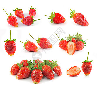 在白色背景中与世隔绝的草莓白莓绿色宏观活力水果红色甜点种子叶子团体食物背景图片