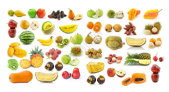 白色背景上孤立的水果收藏Name热带橘子香蕉营养柿子西瓜食物山竹奇异果荔枝图片