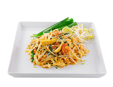泰国食用帕德塔伊 薯条面和虾烹饪柠檬面条午餐盘子美食油炸服务食物市场图片