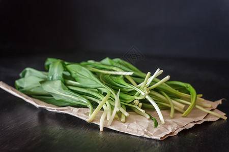 新鲜的朗森野大蒜 绿芽 在一袋勃朗普上草本植物香料绳索植物群植物豆芽美味季节生长食物图片