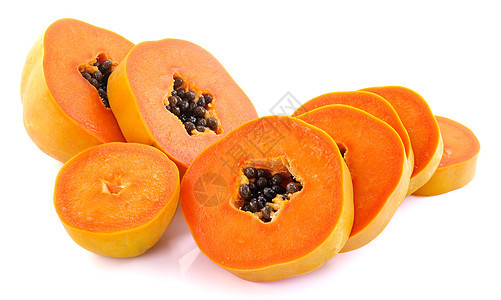 白色背景的木瓜绿色橙子黑色甜点种子黄色情调食物热带水果图片