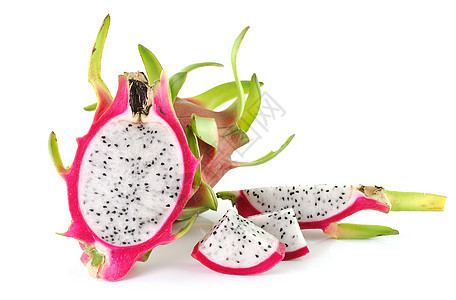 白色背景的龙果水果热带红色饮食粉色种子异国绿色食物营养图片