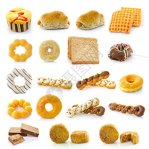 面包 甜甜圈 蛋糕 面包 香肠 月饼隔离在 whi糖果黄色白色背景图片